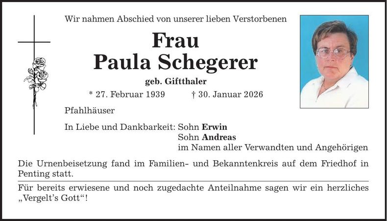Traueranzeige Paula Schegerer