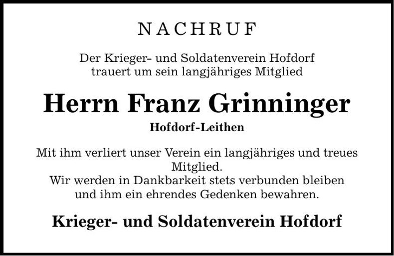 Traueranzeige Franz Grinninger