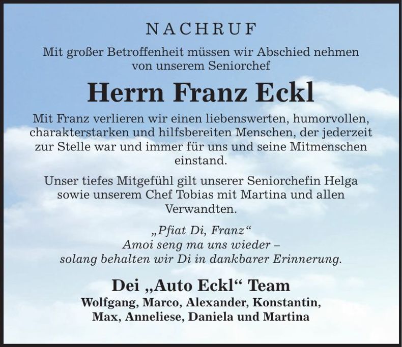 Traueranzeige Franz Eckl