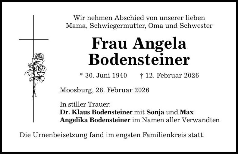 Traueranzeige Angela Bodensteiner