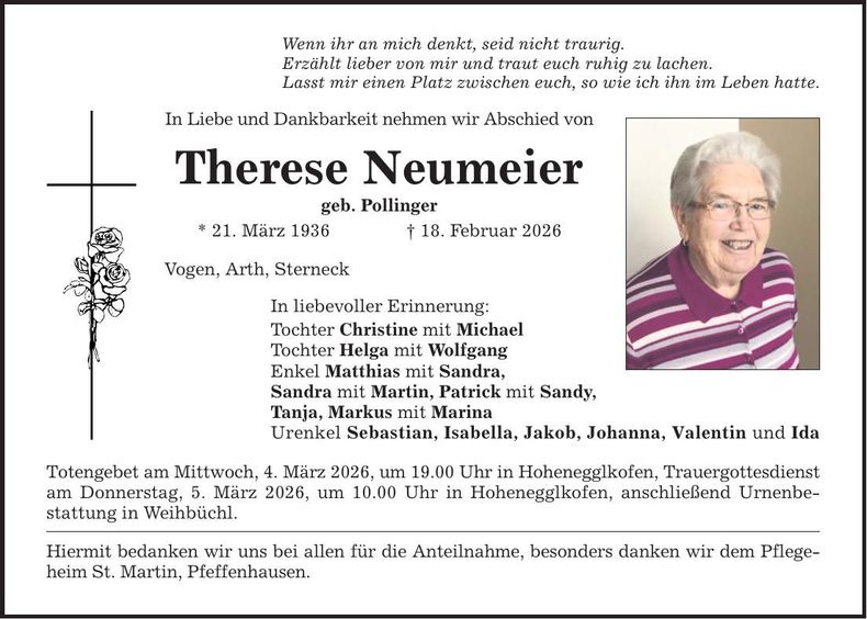 Traueranzeige Therese Neumeier