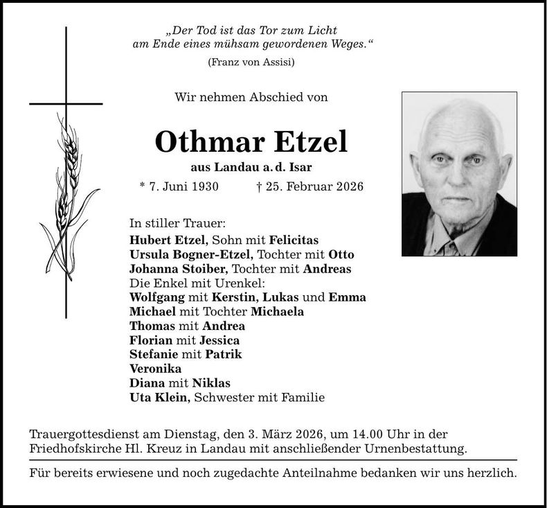 Traueranzeige Othmar Etzel