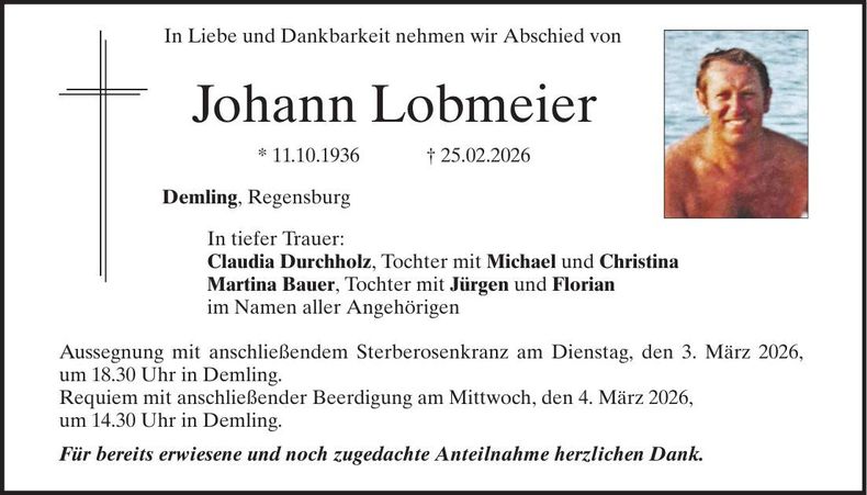 Traueranzeige Lobmeier Johann