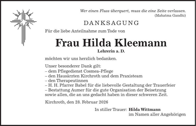 Traueranzeige Hilda Kleemann