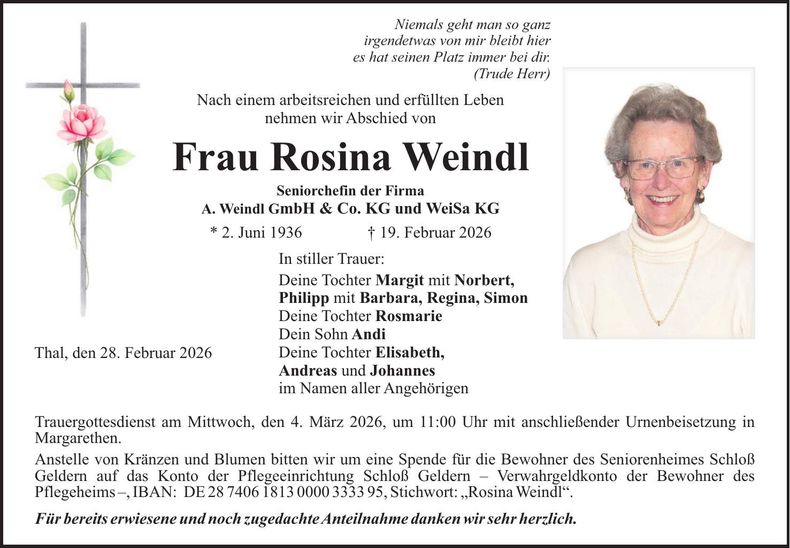 Traueranzeige Rosina Weindl