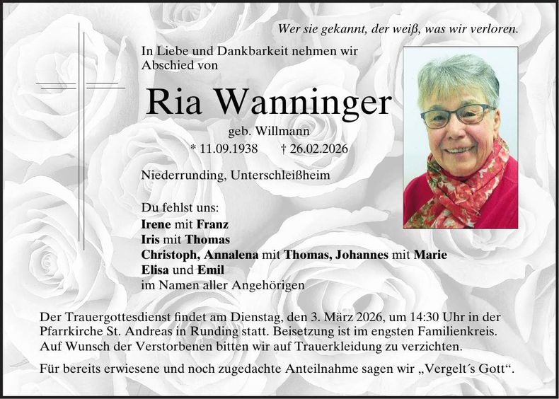Traueranzeige Ria Wanninger