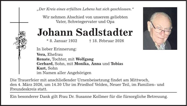 Traueranzeige Johann Sadlstadter
