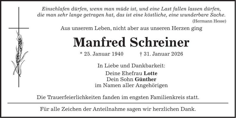 Traueranzeige Manfred Schreiner