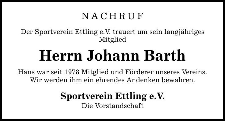 Traueranzeige Johann Barth