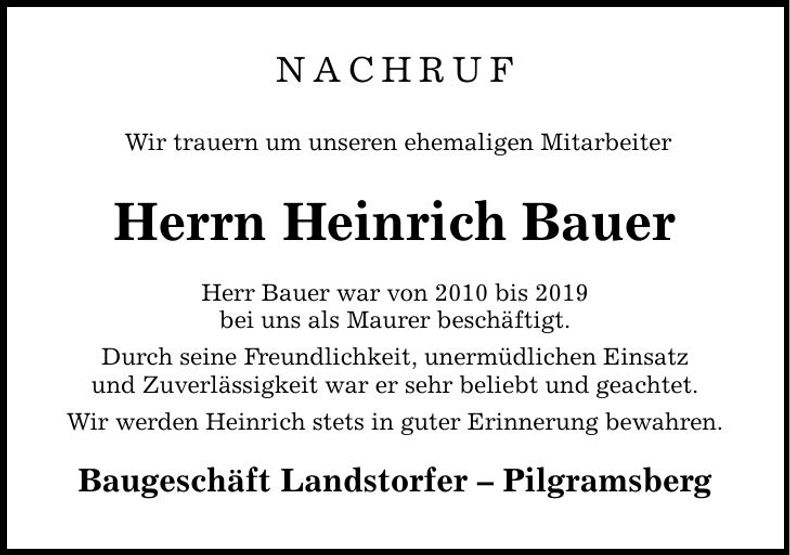 Traueranzeige Heinrich Bauer