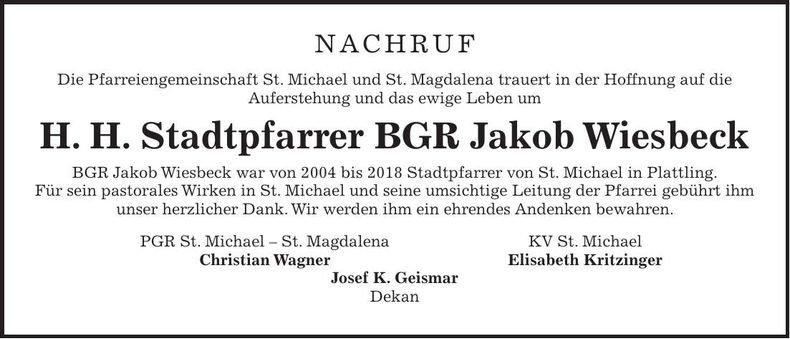 Traueranzeige Jakob Wiesbeck H. H. Stadtpfarrer BRG