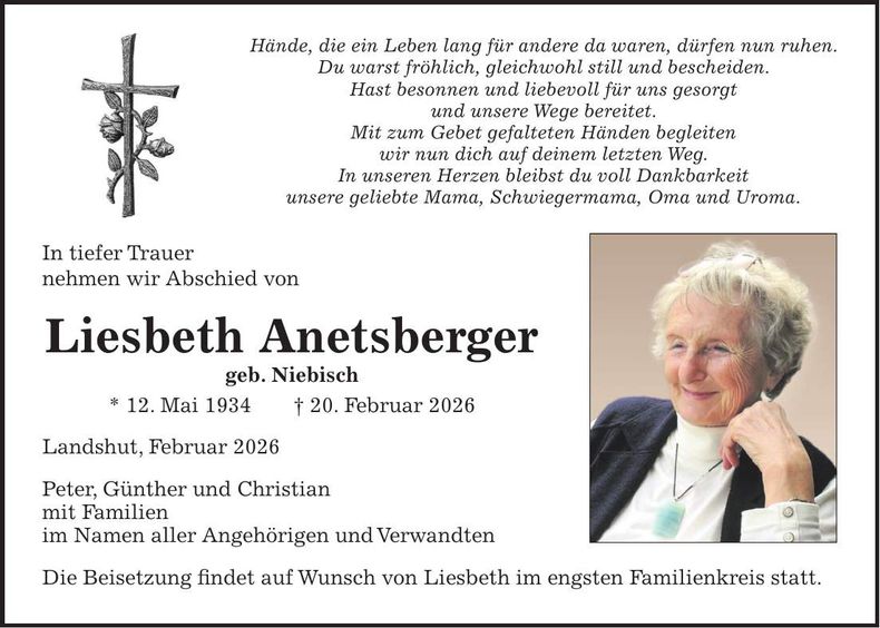 Traueranzeige Liesbeth Anetsberger