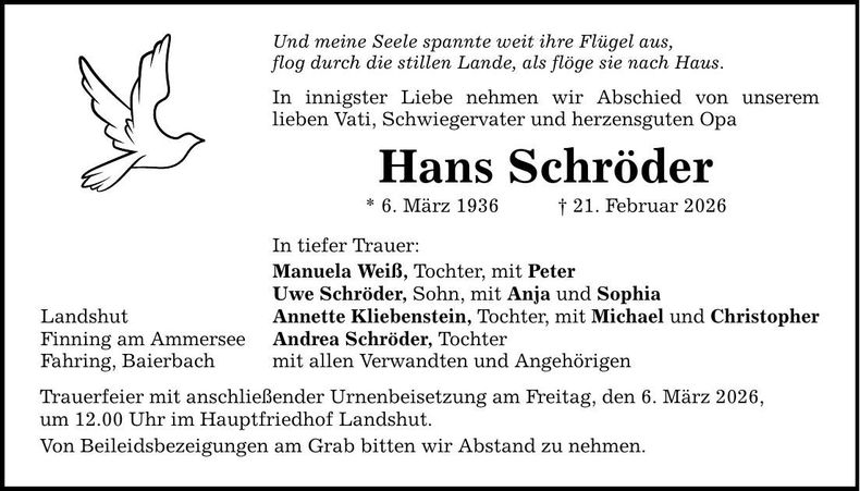 Traueranzeige Hans Schröder