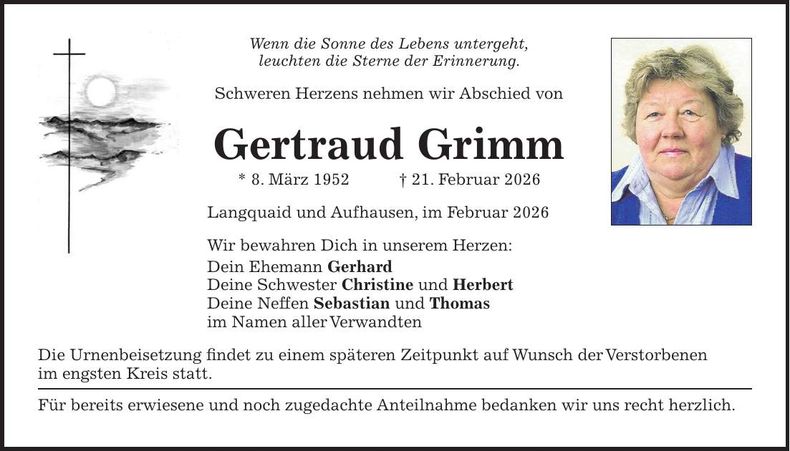 Traueranzeige Gertraud Grimm