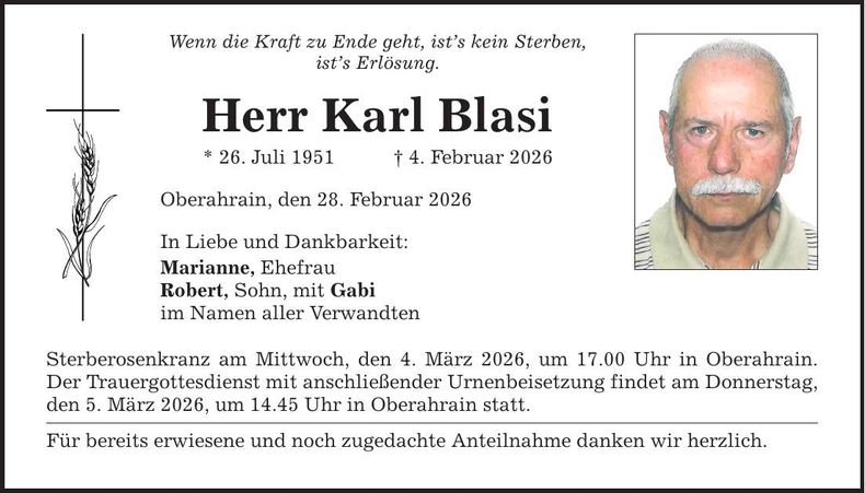 Traueranzeige Karl Blasi