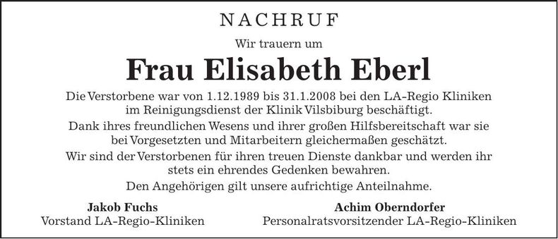 Traueranzeige Elisabeth Eberl