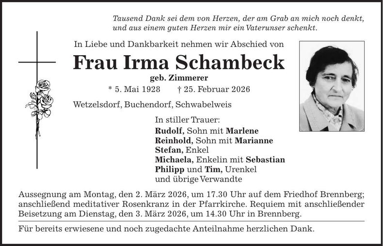 Traueranzeige Irma Schambeck