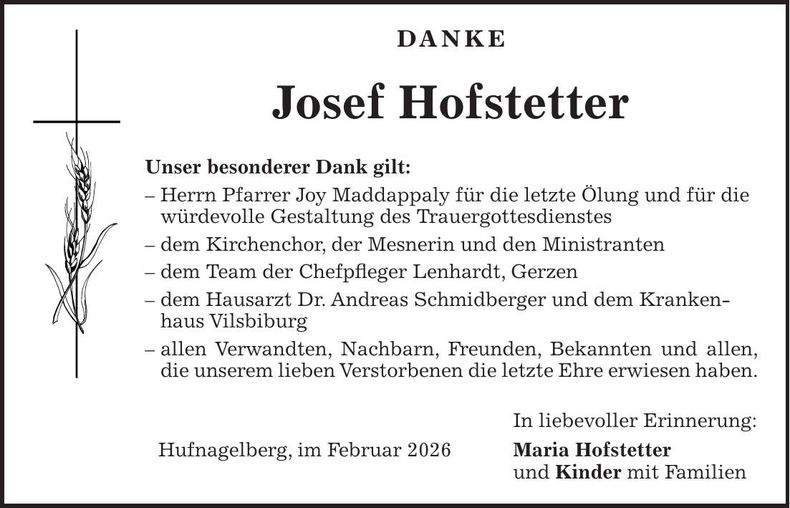 Traueranzeige Josef Hofstetter