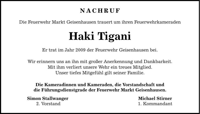 Traueranzeige Haki Tigani