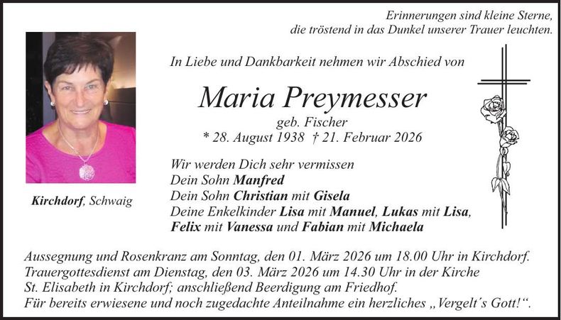 Traueranzeige Maria Preymesser