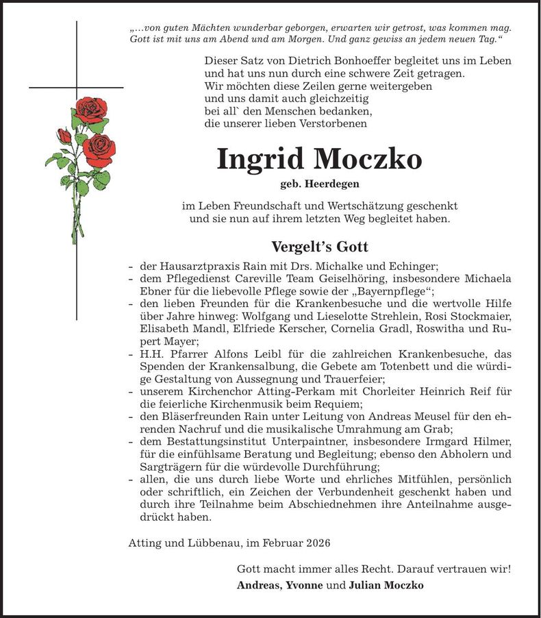 Traueranzeige Ingrid Moczko
