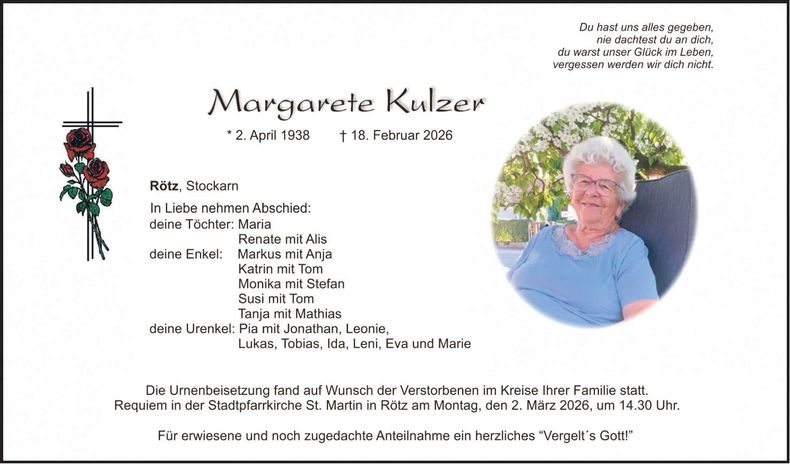 Traueranzeige Margarete Kulzer
