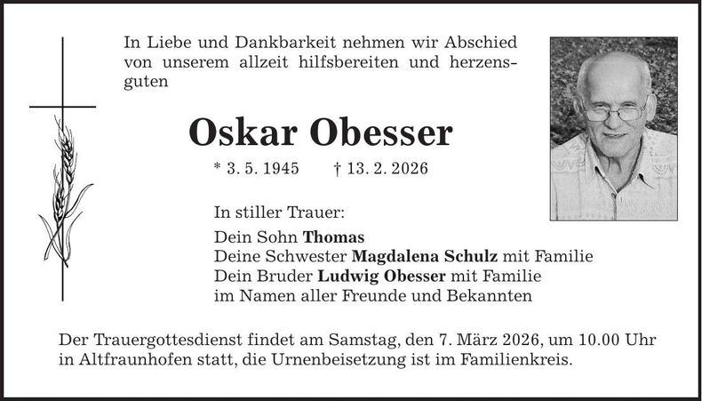 Traueranzeige Oskar Obesser