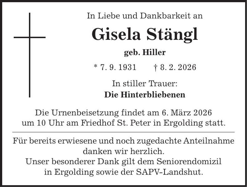 Traueranzeige Gisela Stängl