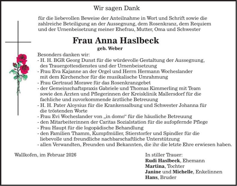 Traueranzeige Anna Haslbeck