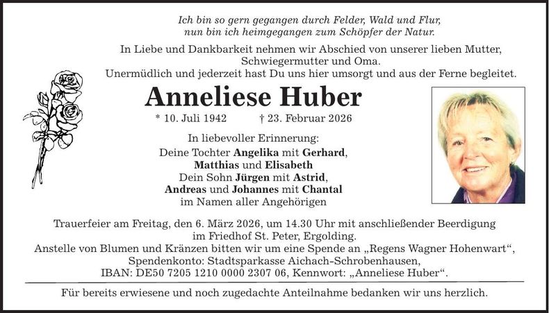 Traueranzeige Anneliese Huber
