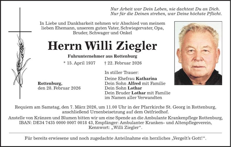 Traueranzeige Willi Ziegler