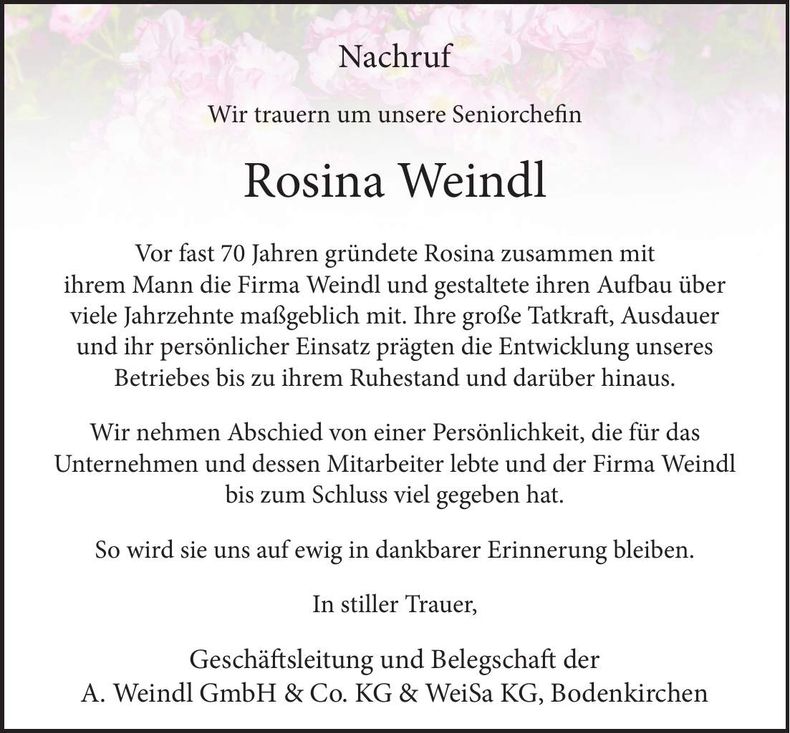 Traueranzeige Rosina Weindl