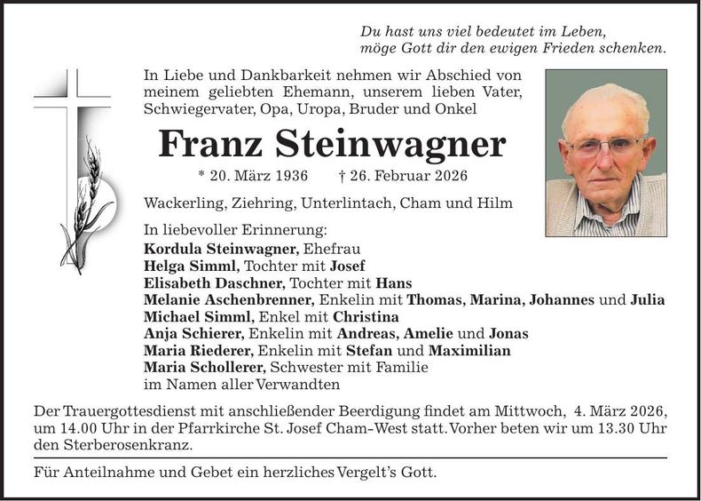 Traueranzeige FRanz Steinwagner