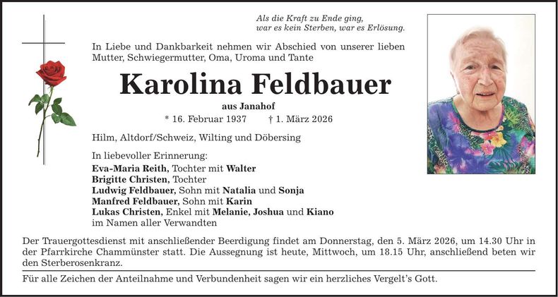 Traueranzeige Karolina Feldbauer