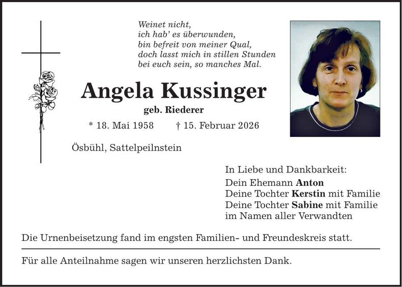 Traueranzeige Angela Kussinger