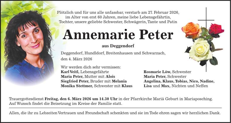 Traueranzeige Annemarie Peter