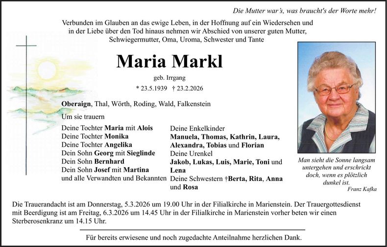 Traueranzeige Maria Markl