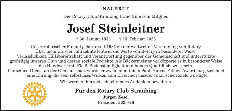 Traueranzeige Josef Steinleitner