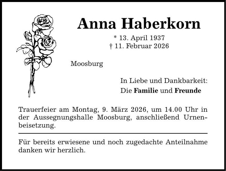 Traueranzeige Anna Haberkorn