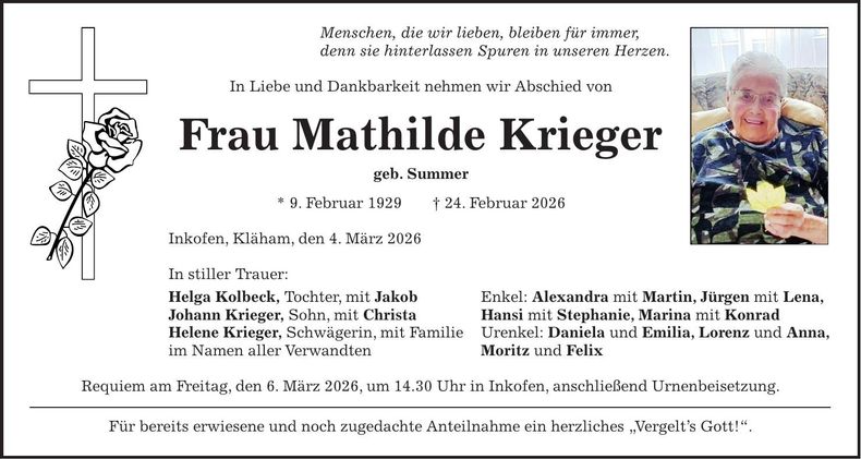 Traueranzeige Mathilde Krieger