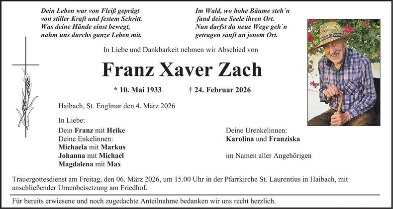 Traueranzeige Franz Xaver Zach