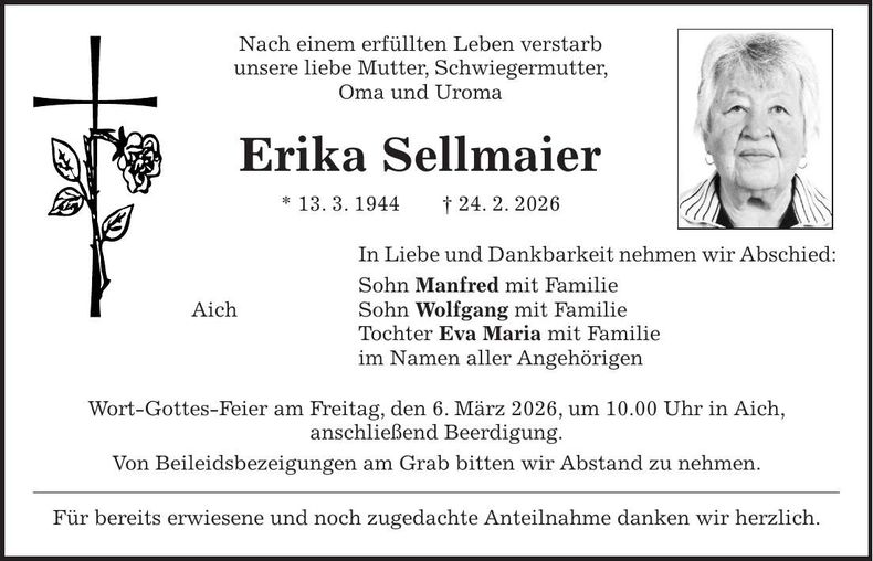 Traueranzeige Erika Sellmaier