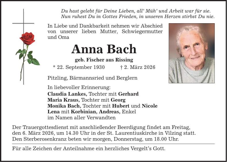 Traueranzeige Anna Bach