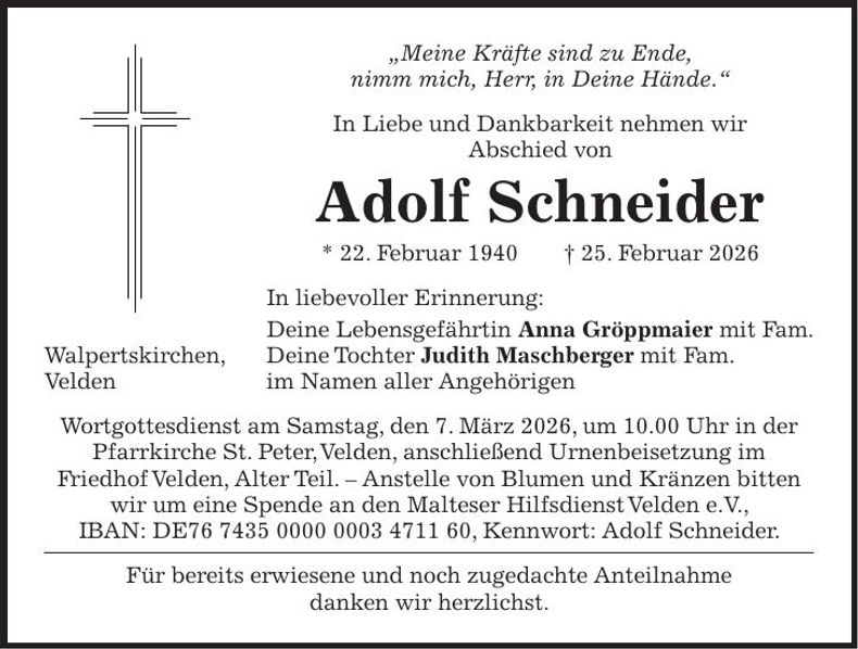 Traueranzeige Adolf Schneider