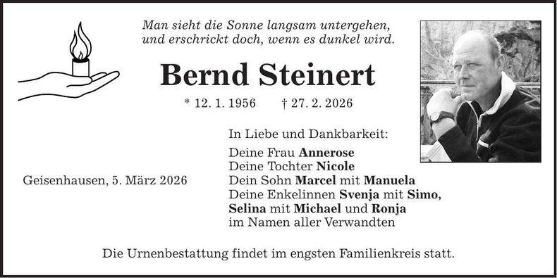 Traueranzeige Bernd Steinert