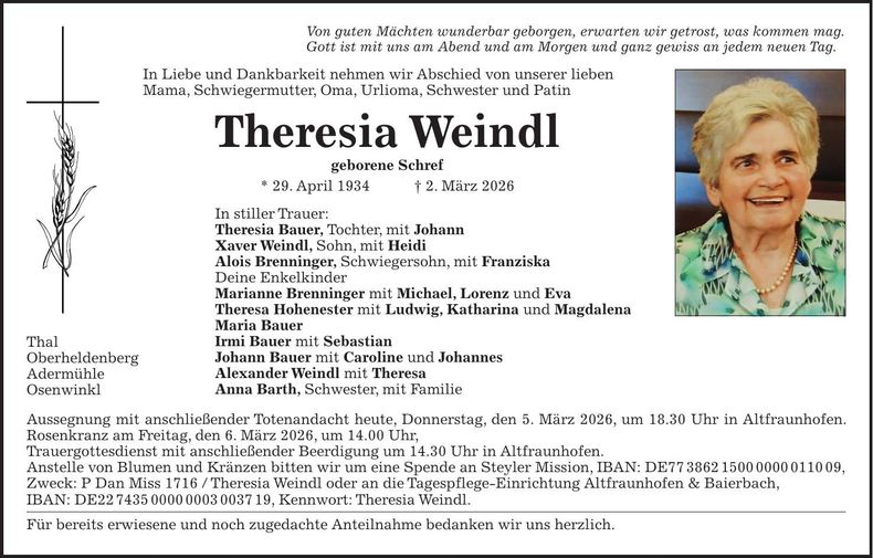 Traueranzeige Therese Weindl