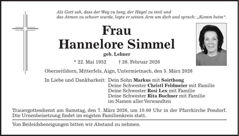 Traueranzeige Hannelore Simmel