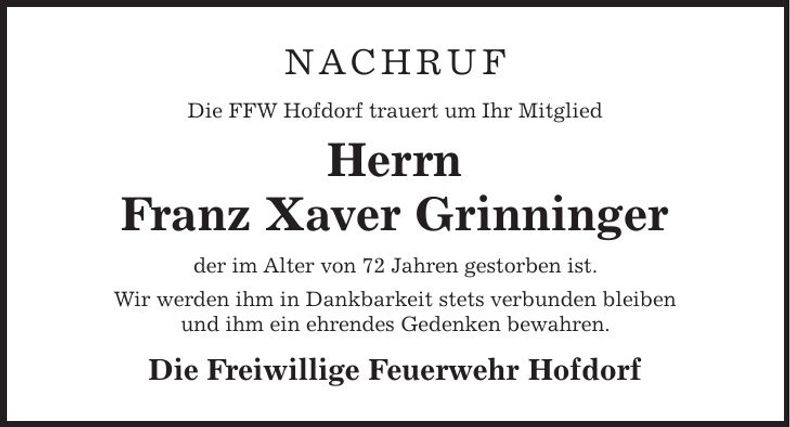 Traueranzeige Franz Xaver Grinninger