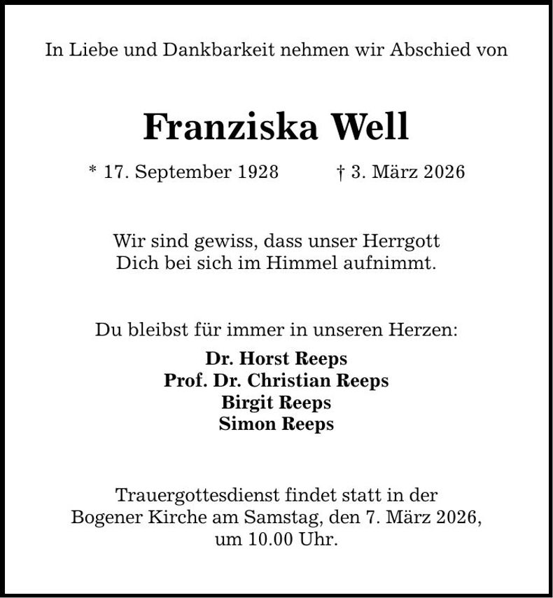 Traueranzeige Franziska Well