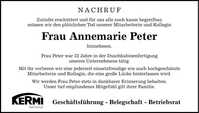 Traueranzeige Annemarie Peter